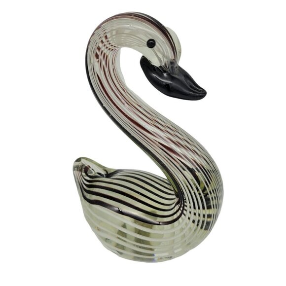 Unknown Other - Hand Blown Art Glass Swan Black White Striped On Clear Smooth Pontil Collectable